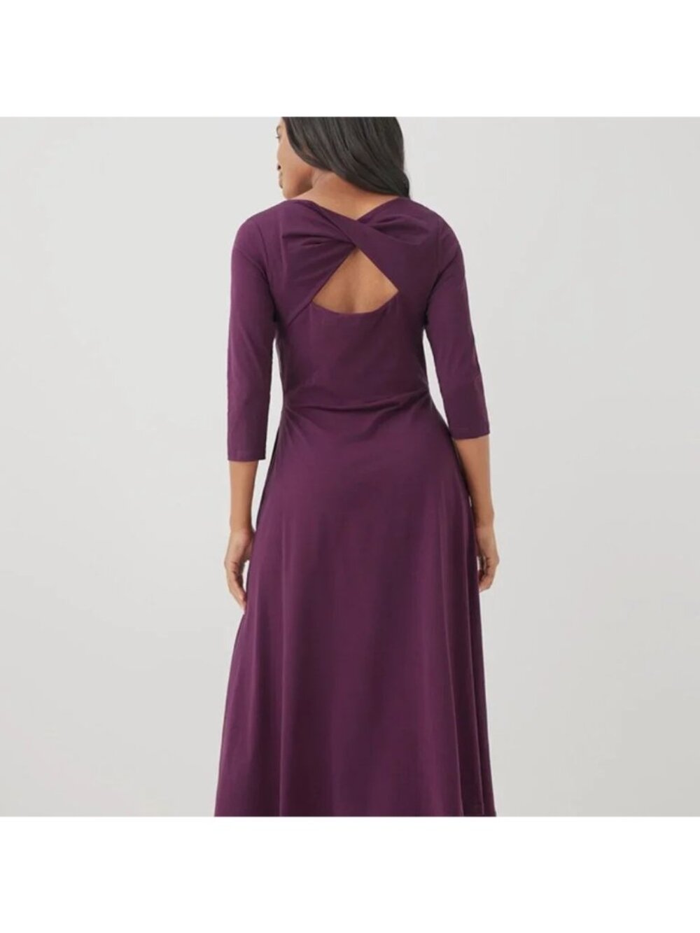 Pact Size S Open-Back Midi Dress 3/4 Sleeve Organic Cotton Wine Purple Fit Flare - Picture 3 of 11